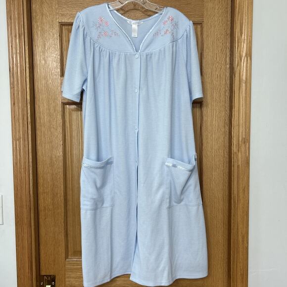 Adonna Women's Waffle Knit Light Sky Blue Embroidered Satin Trim Robe Size L - Picture 1 of 7